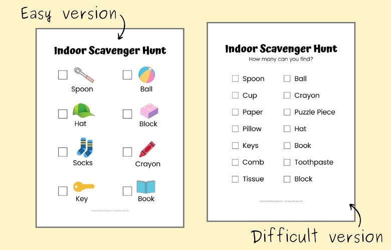 Indoor Scavenger Hunt For Kids Free Printable (Easy & Difficult Versions)