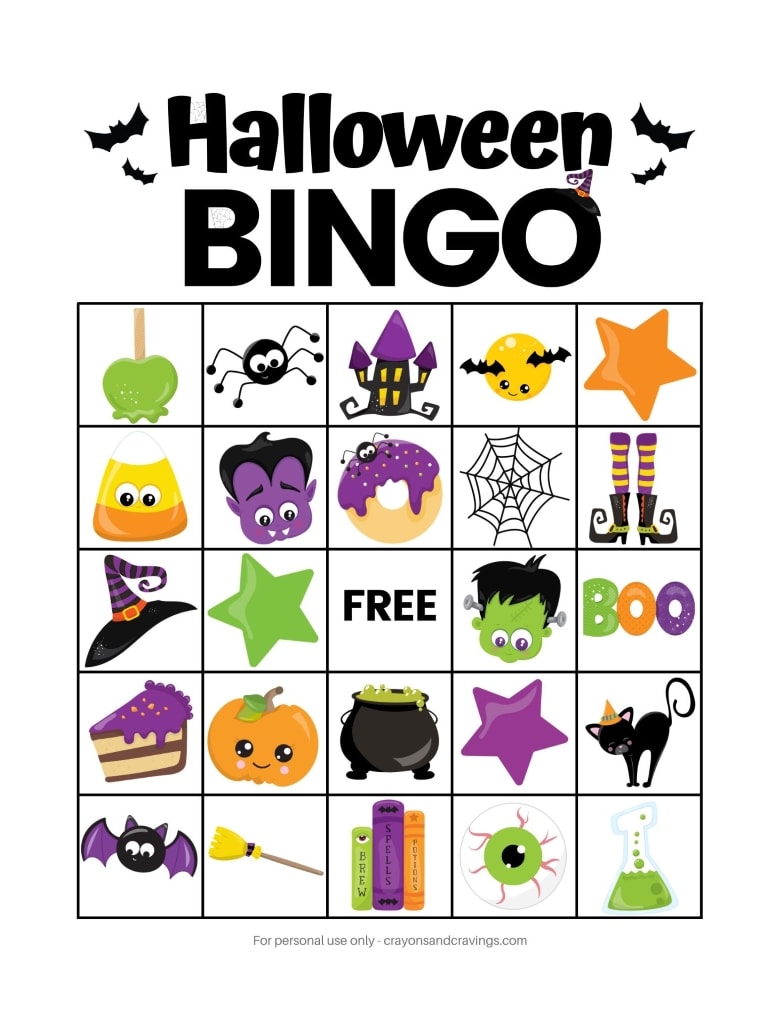 Halloween Bingo Card with 25 squares feating cute and colorful halloween graphics and a free space in the cener.
