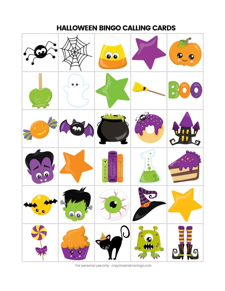 30 Halloween bingo Calling Cards on one page.
