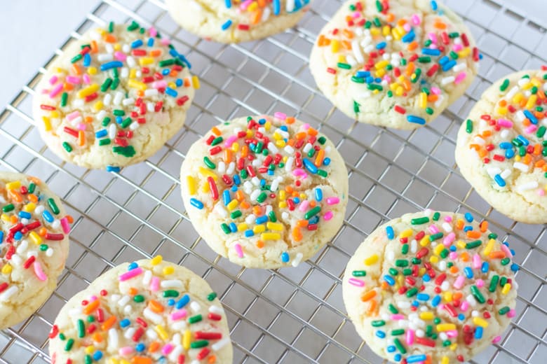Easy Funfetti Cake Mix Cookies cooling on wire rack.