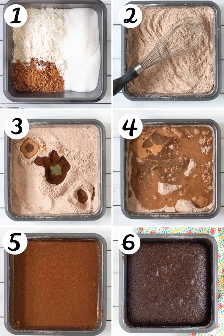 Six image collage of steps to make crazy cake. Dry ingredients are added pan then whisked together. Wet ingredients are added and mixed in. Cake is baked to chocolate perfection. 