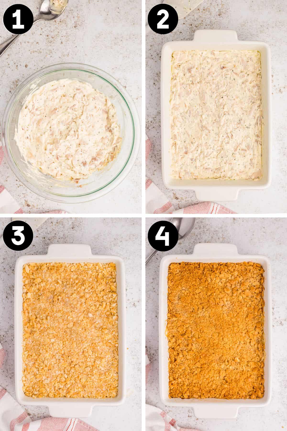 Four image collage. 1: chicken, sour cream, soup, and seasoning combined in mixing bowl. 2: Creamy chicken mixture in baking dish. 3: casserole topped with crushed crackers. 4: Golden brown ritz-topped chicken casserole after being baked.