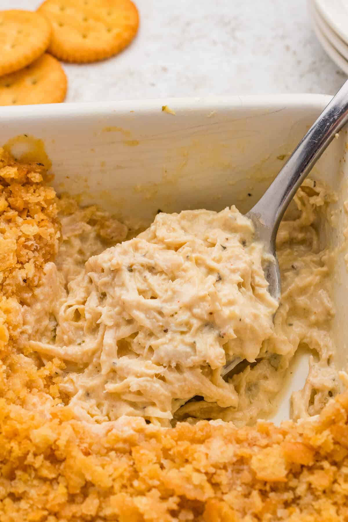 Creamy chicken casserole topped with crushed ritz crackers.