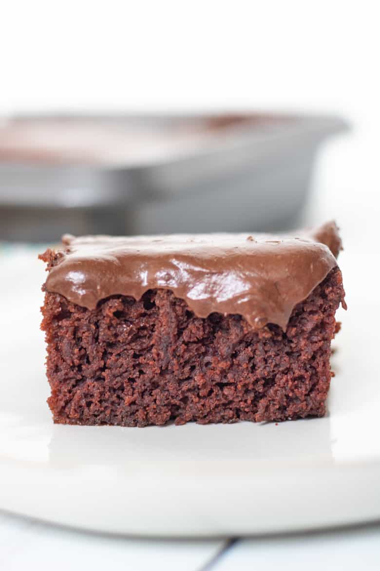 Depression era Wacky Chocolate Cake sliced into a square.