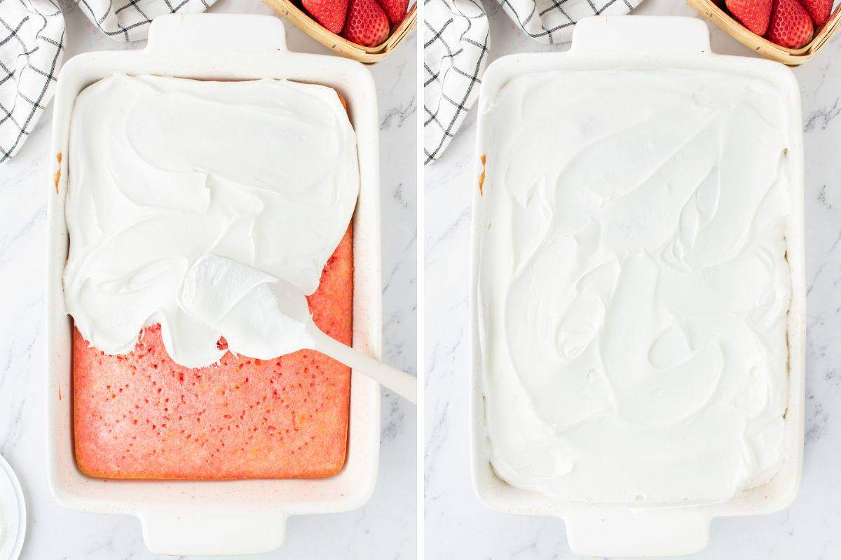 Cake topped with cool whip whipped topping.
