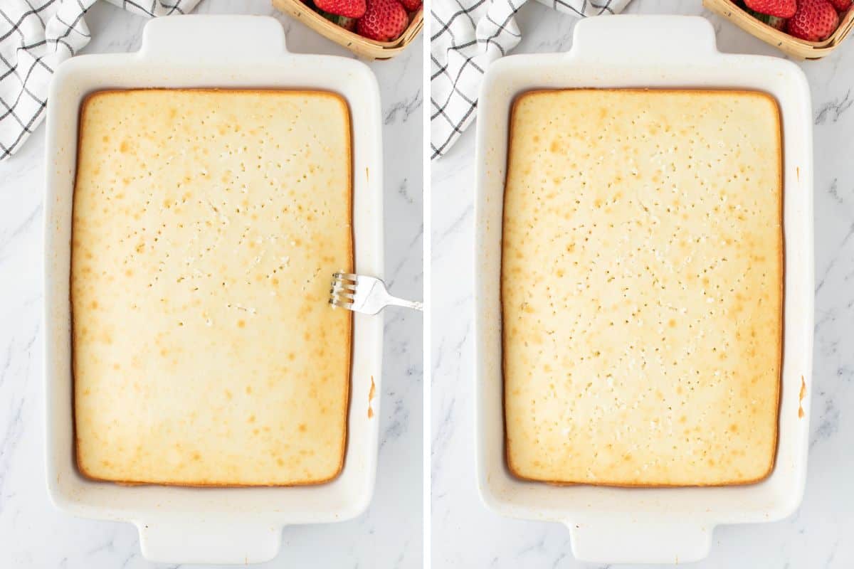 Rectangular white cake with holes being poked all over the top with a large fork.
