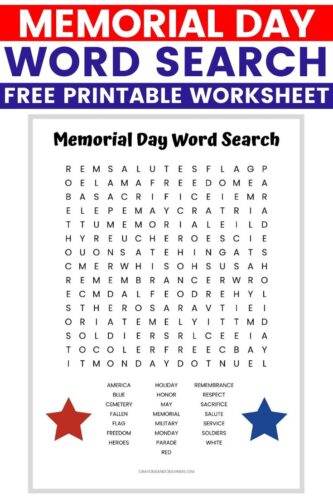 Memorial Day Word Search Free Printable for Kids