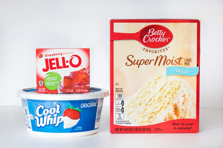 Strawberry Poke Cake Ingredients: strawberry jello, white cake mix, and cool whip whipped topping.