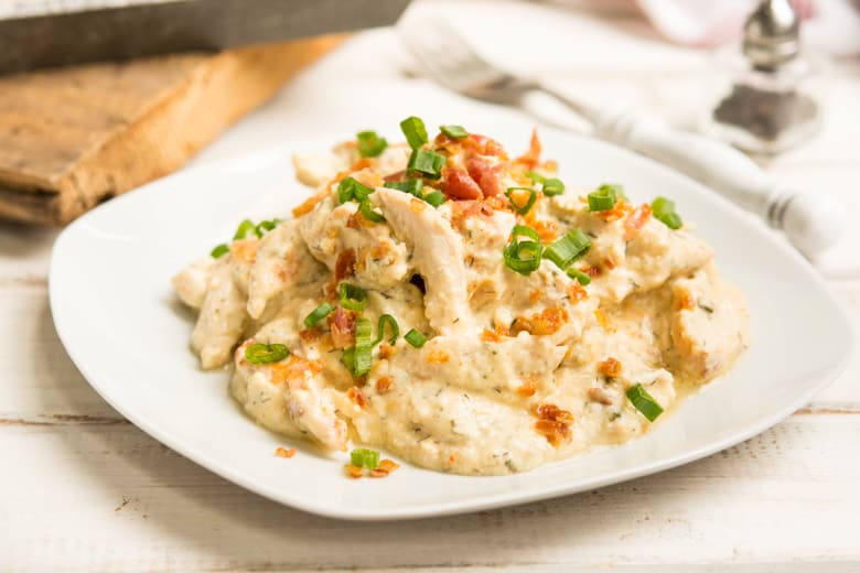Creamy shredded chicken with pancetta and green onions