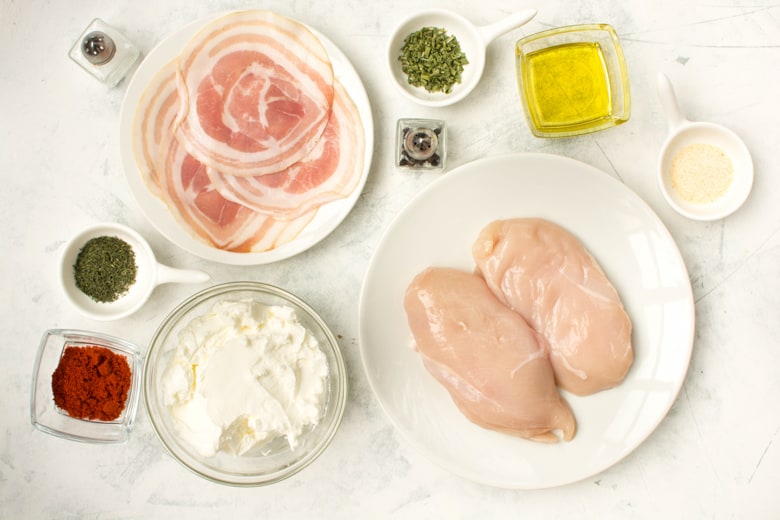 chicken breasts, pancetta, cream cheese, oil, and seasonings