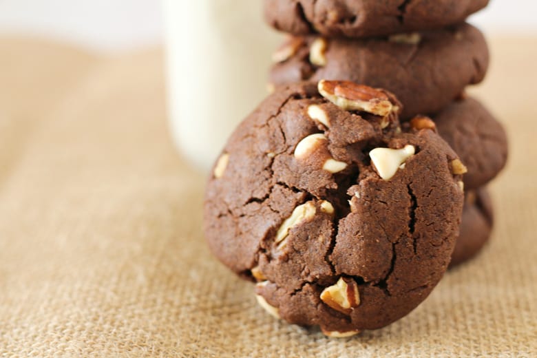 Chocolate cookies with chopped nuts and white chocolate chips