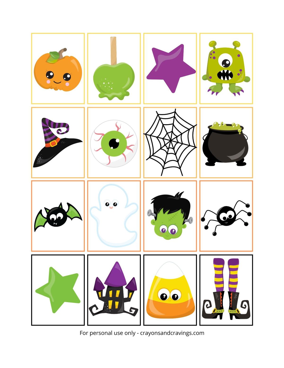 Halloween Memory Game printable with 16 rectangular cards featuring cute halloween graphics.
