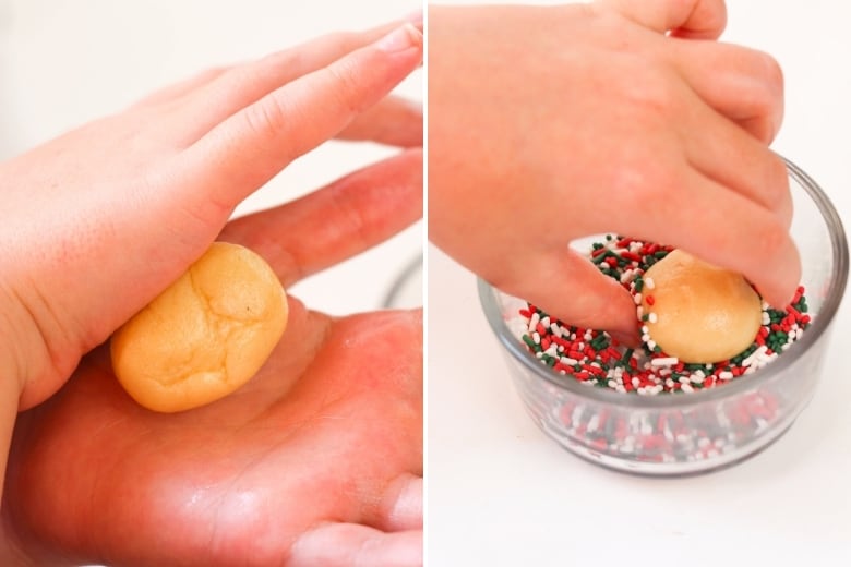 Rolling dough into ball and sprinkles