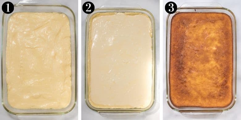 3 image collage. 1: cake batter in pan, 2: ricotta cheesecake mixture added to pan, 3: cake with lightly browned top after baking. 