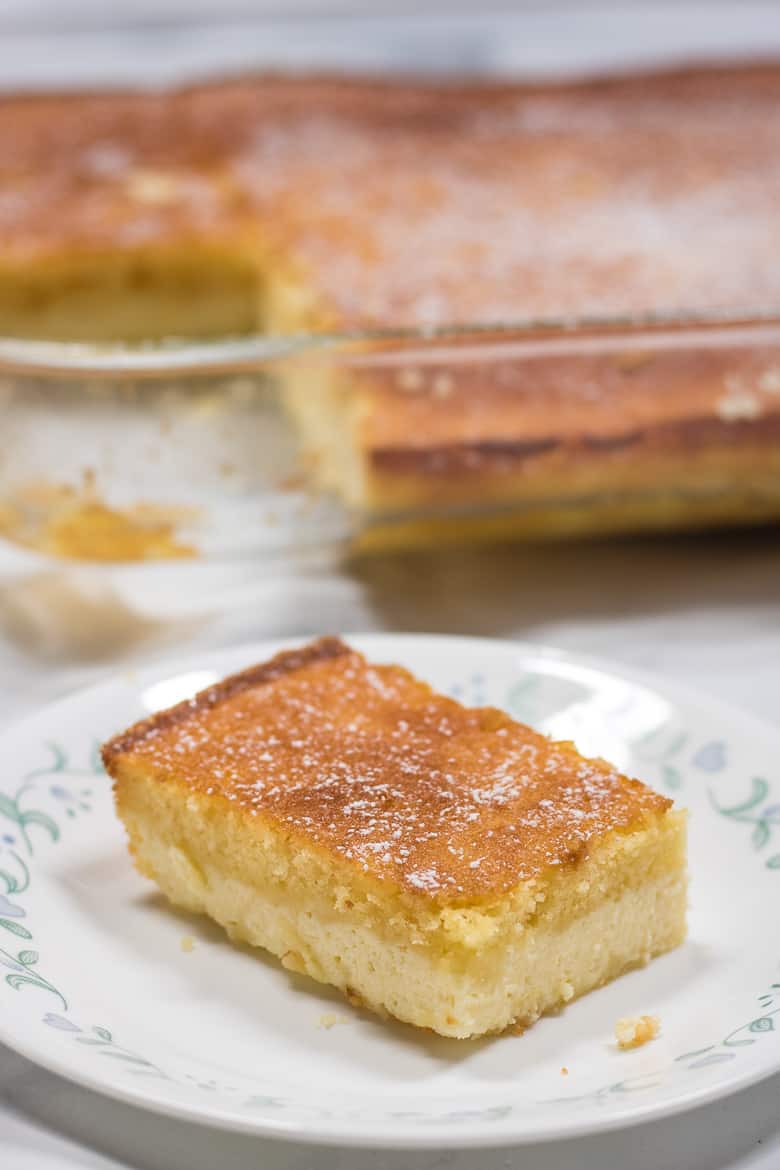 Easy Italian Ricotta Cake with a layer of ricotta cheesecake topped a layer of cake and a dusting of powdered sugar.