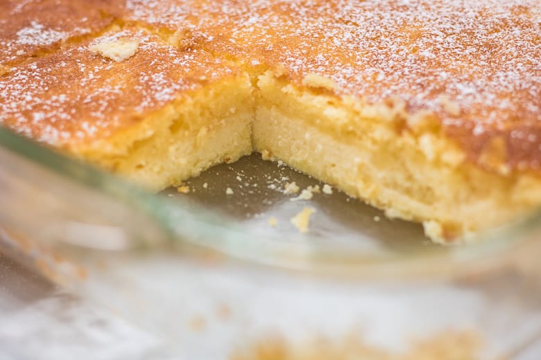 Ricotta Cake Using Cake Mix in a rectangular glass pan.