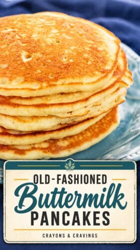 Pancake stack on a blue plate above a label reading Old-Fashioned Buttermilk Pancakes.