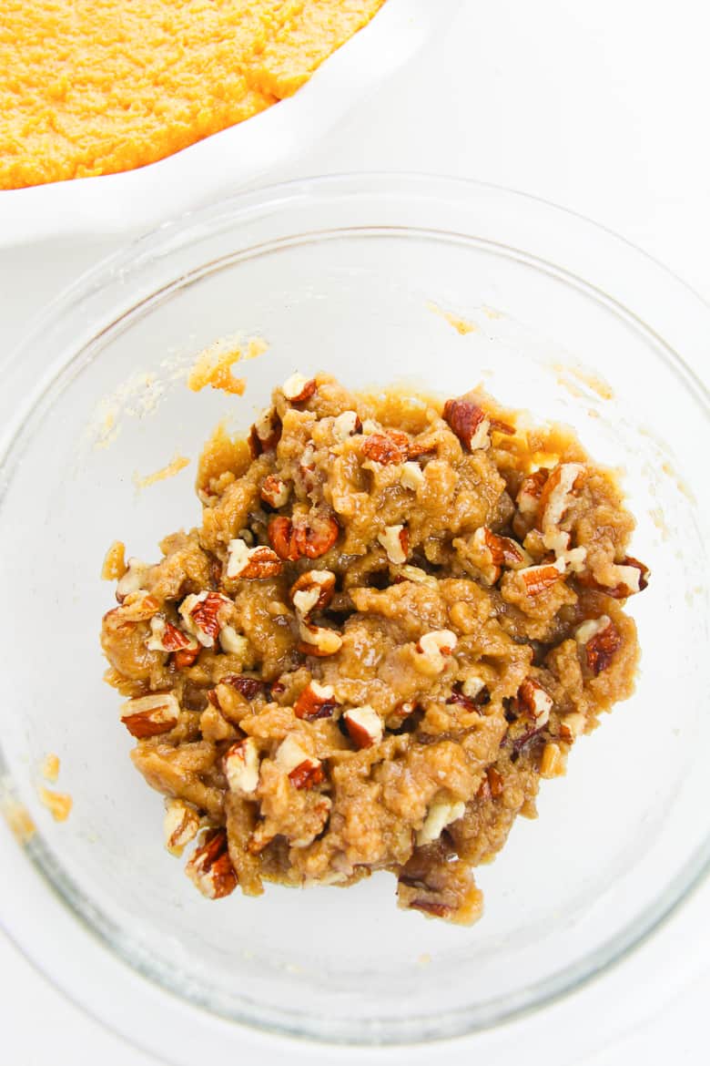 Mixing Pecan Streusel Topping ingredients in small bowl