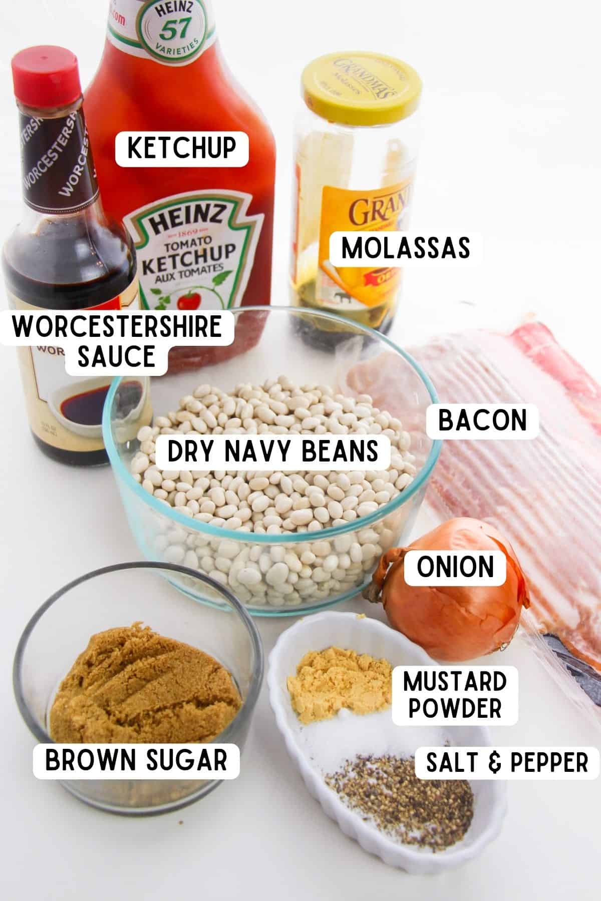 Ketchup, molasses, Worcestershire sauce, dry navy beans, onion, bacon, mustard powder, brown sugar, salt, and pepper.