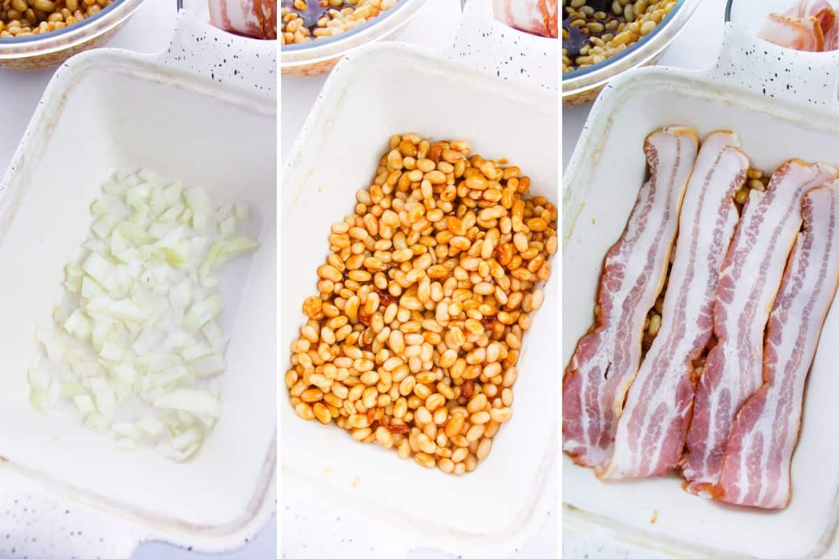 Three image collage of casserole dish with chopped onions on the bottom, then with sauce-covered navy beans added, then topped with bacon.