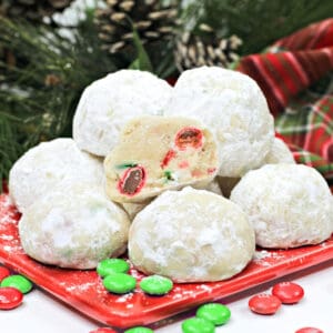 Christmas Snowball Cookies with red and green M&Ms