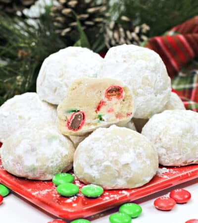 Christmas Snowball Cookies with red and green M&Ms
