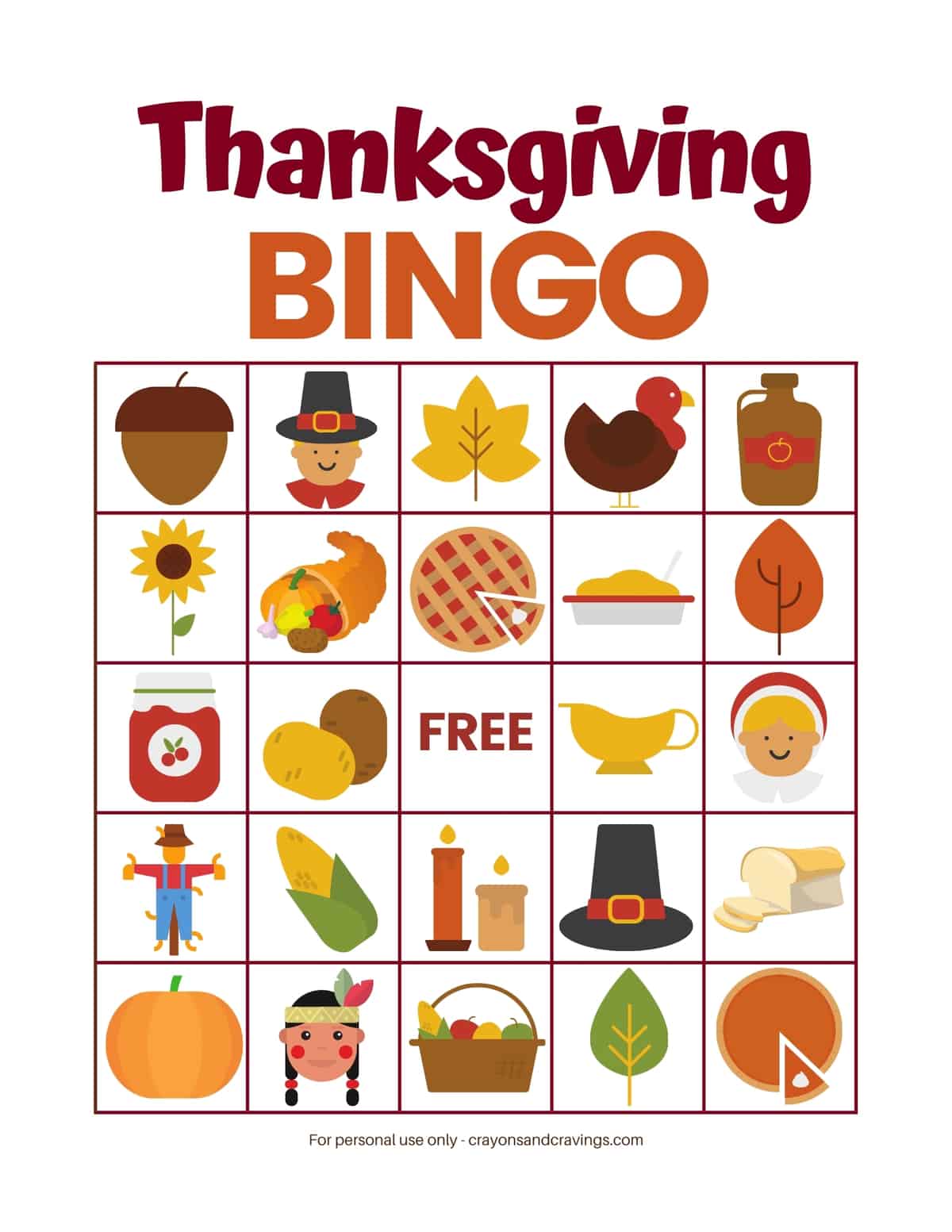 Thanksgiving Bingo card - for personal use only.