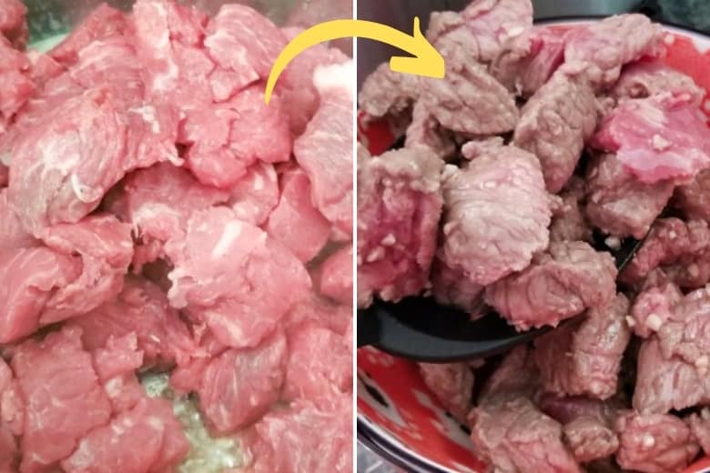 Before and after images of browning meat in the Instant Pot