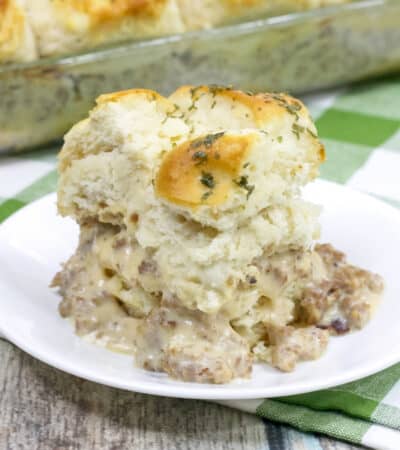 Biscuit topped sausage gravy breakfast bake.