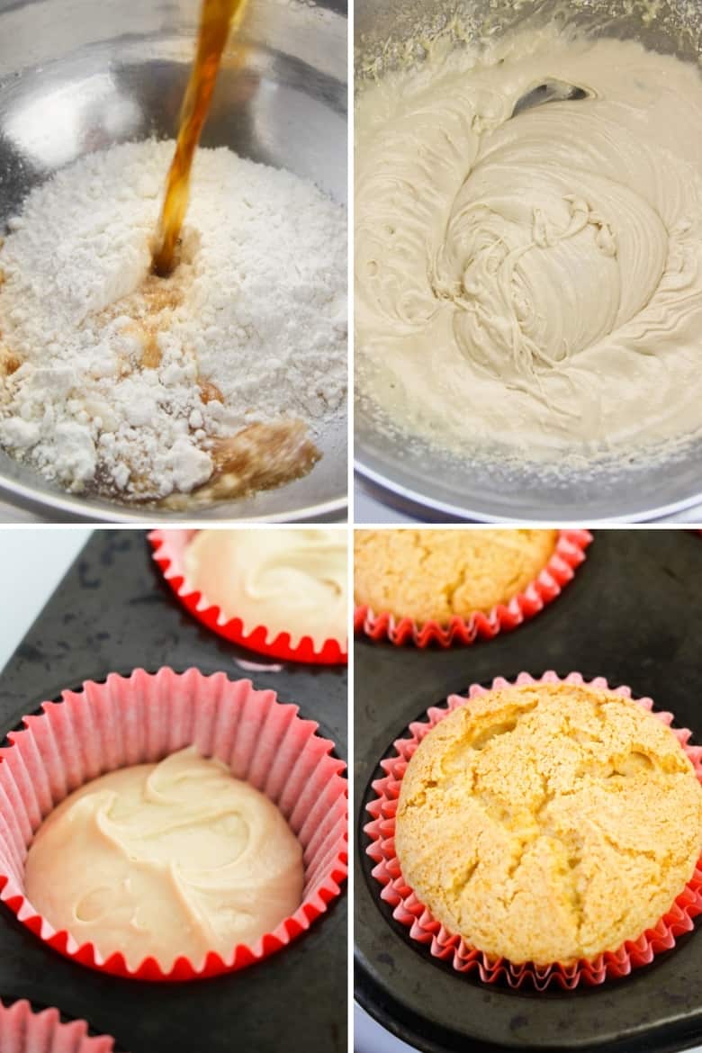 4 image collage: first image shows root beer being poured into mixing bowl; second image shows cupcake batter well mixed, next image shows cupcake liners 2/3 full, last image shows golden brown cupcakes