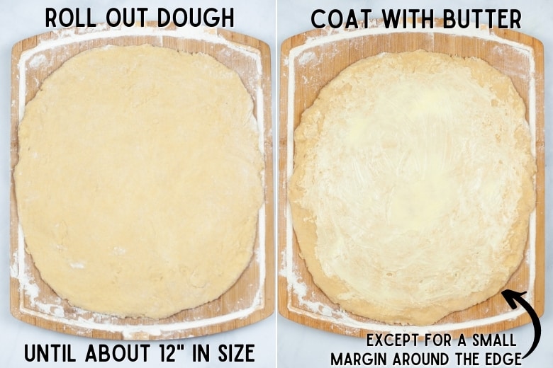 Roll out cinnamon roll dough and coat with butter