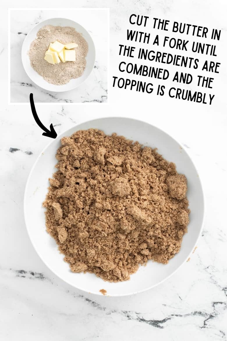 How to make streusel topping: cut butter into dry ingredients with a fork until crumbly