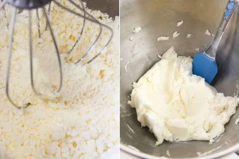 Buttercream frosting being mixed, thick buttercream frosting ready to use