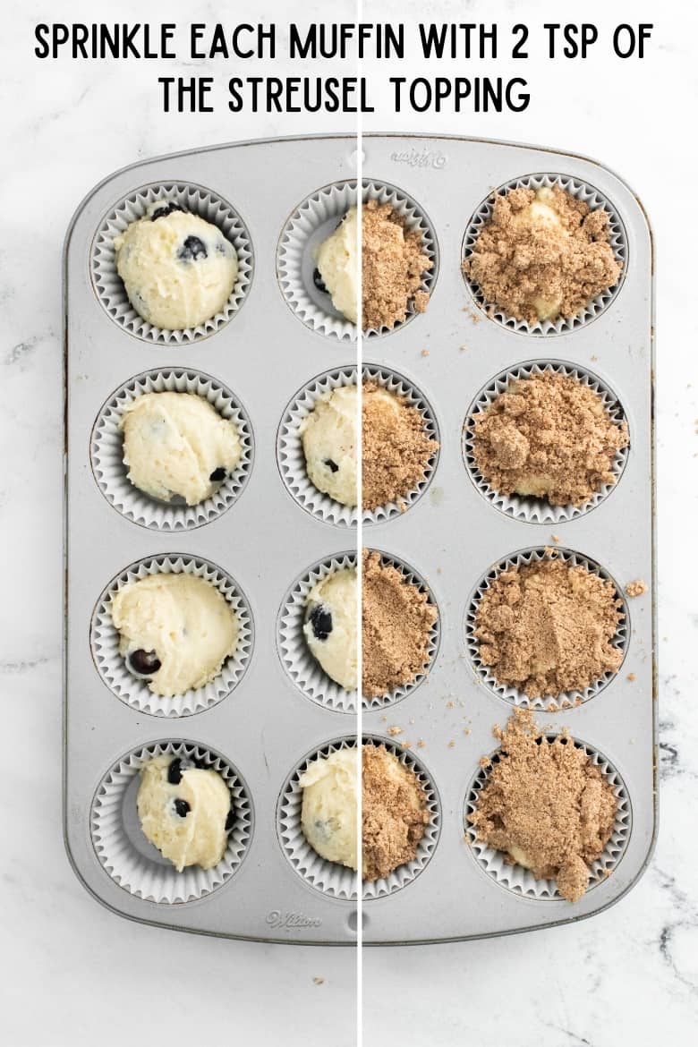 Top view of muffin tin filled with batter. Half the muffins are topped with streusel