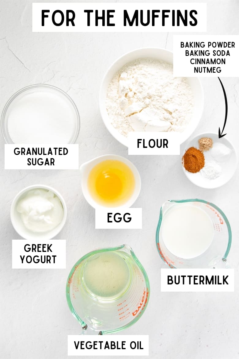 Reads: For the muffins. Image shows bowls of ingredients on a table, each labeled with they are: granulated sugar, flour, Greek yogurt, egg, buttermilk, vegetable oil, baking soda, baking powder, cinnamon, and nutmeg