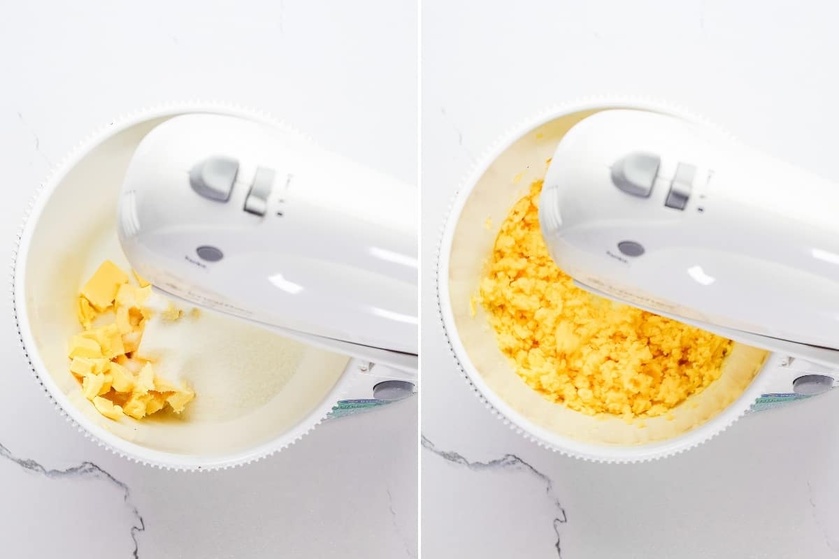 Left: cubed butter and sugar in bowl of a stand mixer; on right: creamed butter and sugar in bowl of stand mixer