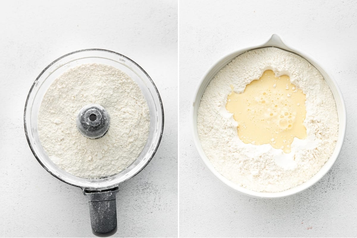 Left: Food processor with coarsely mixed flour mixture; right: mixing bowl with wet ingredients poured on top of dry ingredients