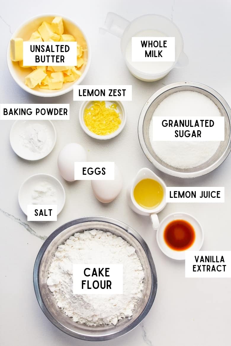 Lemon cupcake ingredients: unsalted butter, baking powder, milk, lemon zest, granulated sugar, eggs, salt, lemon juice, cake flour, vanilla extract