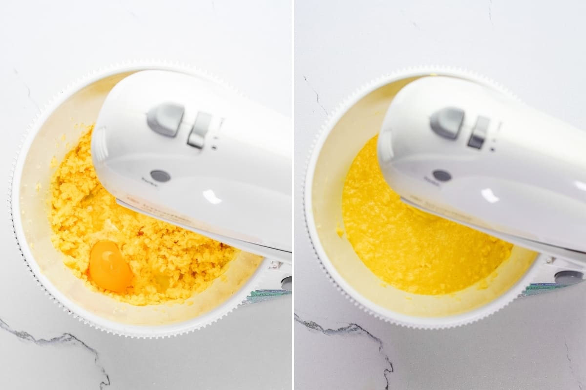 Left: egg added at creamed sugar in bowl of stand mixer; right: egg mixed into batter