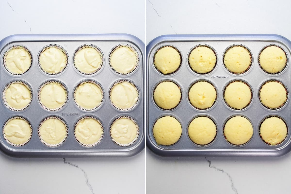 Left: cupcakes liners in 12-cup muffin tin filled 2/3 of way with batter; right: baked cupcakes with golden tops