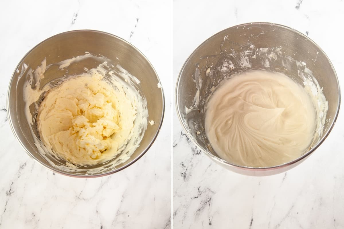 left: cream cheese and butter in bowl, semi-combined; right: cream cheese frosting well-blended