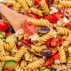 Greek pasta salad recipe with rotini, halved cherry tomatoes, cucumber slices, red bell pepper, kalamata olives, feta cheese, red onion, and homemade dressing served on a wooden spoon.
