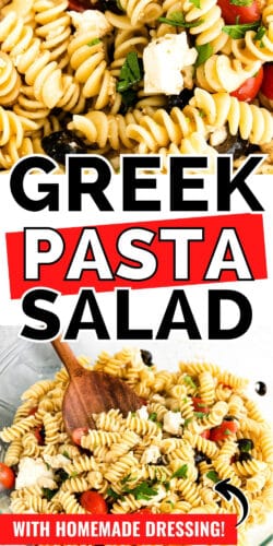 Pin image, reads: Greek Pasta Salad with homemade dressing