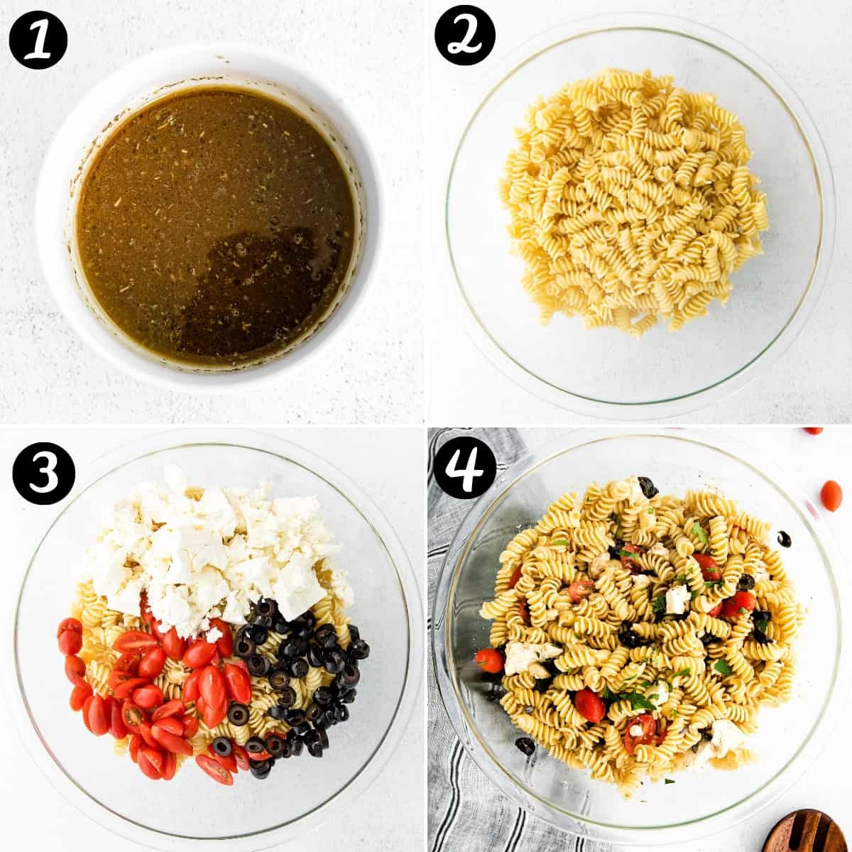 4 image collage: top left - vinaigrette dressing in white bowl; top right - cooked and drained rotini in glass bowl; bottom left - pasta, dressing, feta, sliced olives, and cherry tomatoes unmixed in glass bowl; bottom right - all ingredients mixed in glass bowl