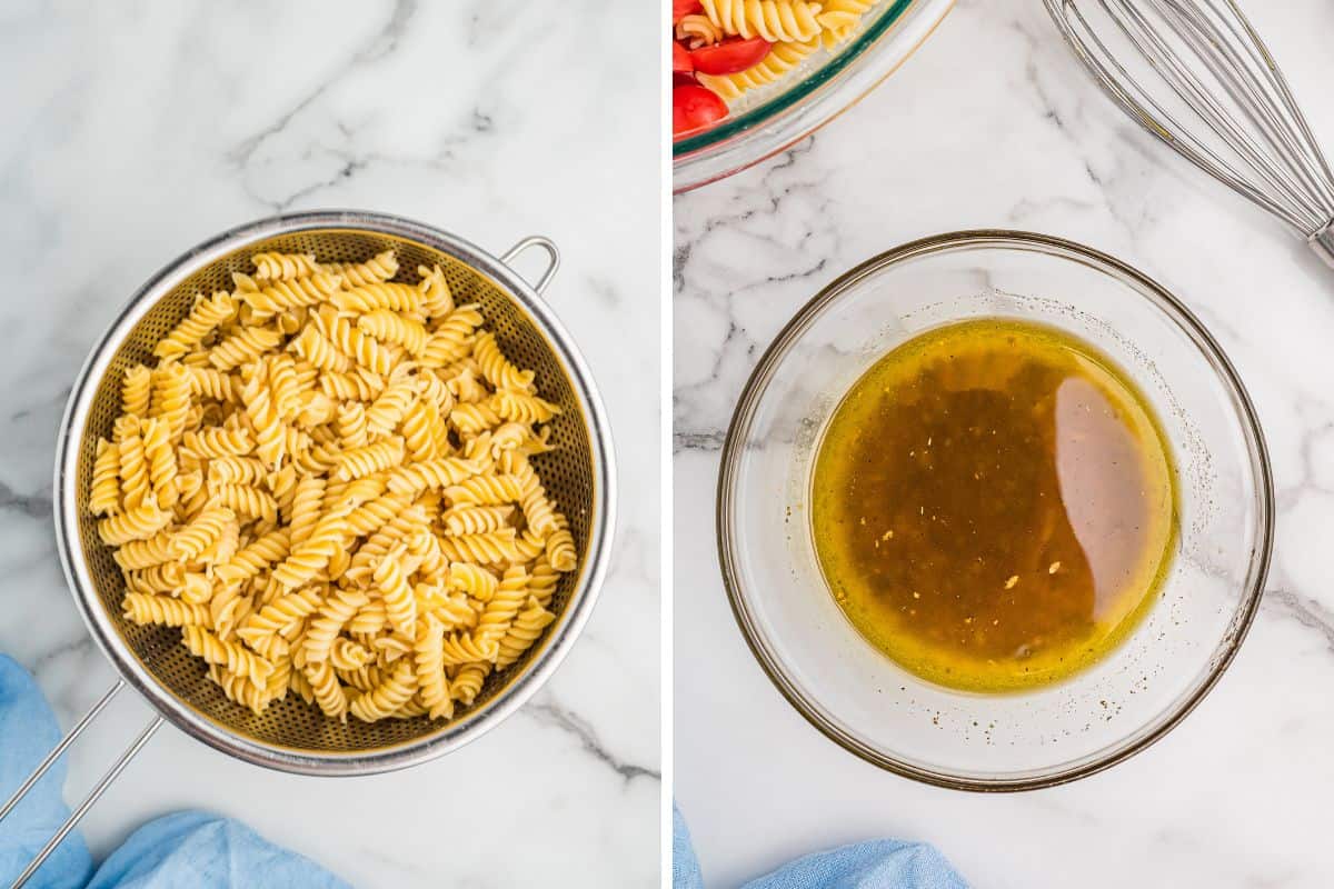 Collage showing drained rotini pasta and vinaigrette dressing.