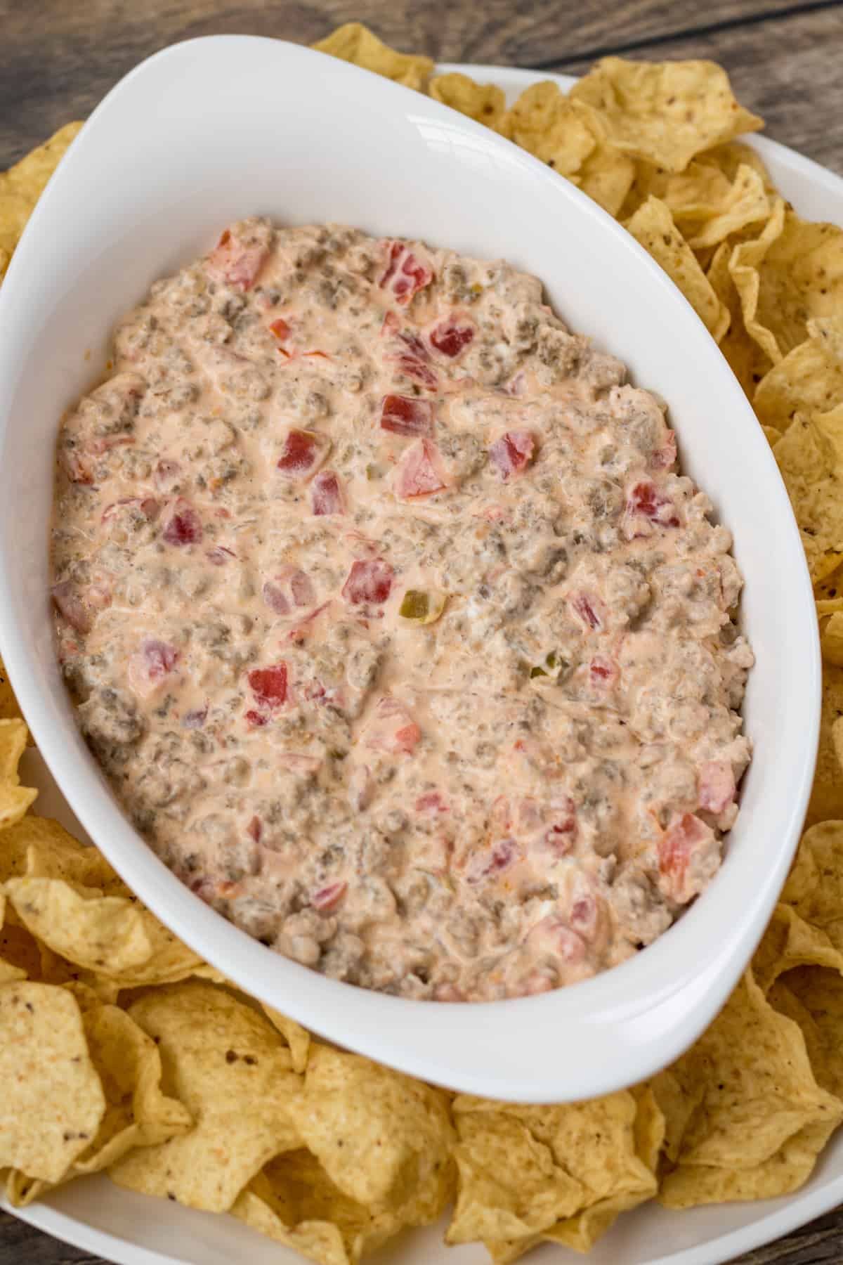 Rotel sausage cream cheese dip with tortilla chips