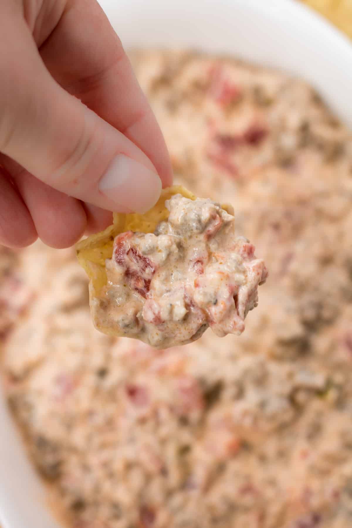scoop-style tortilla chip with a scoop of sausage dip