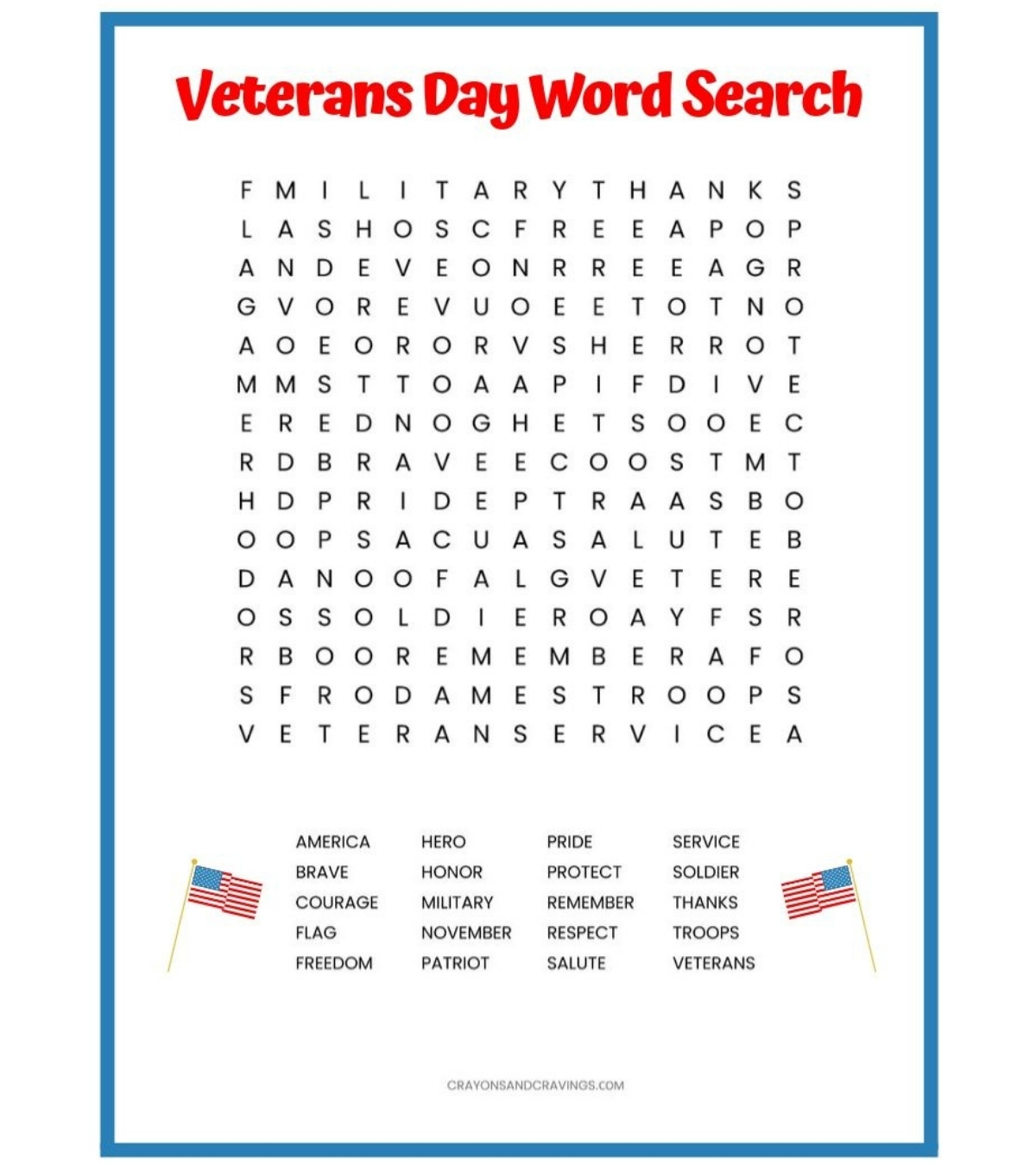 Veterans Day Word Search Printable