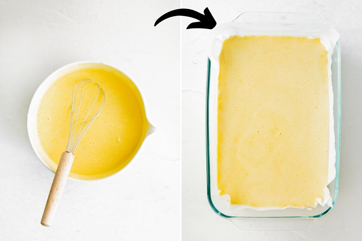 left: mixing bowl with yellow mixture and wire whisk; right: 9 x 13 glass baking dish with unbaked lemon bars
