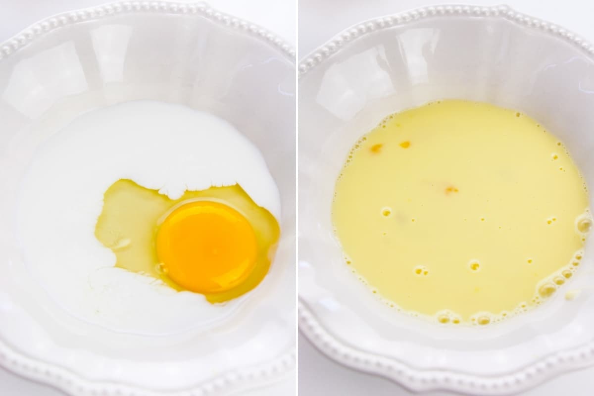 on left, bowl with egg and milk; on right, whisked milk and egg in bowl